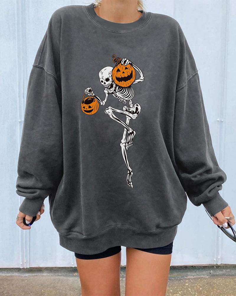 

Halloween Pumpkin Skeleton Print Long Sleeve Sweatshirt, Gray