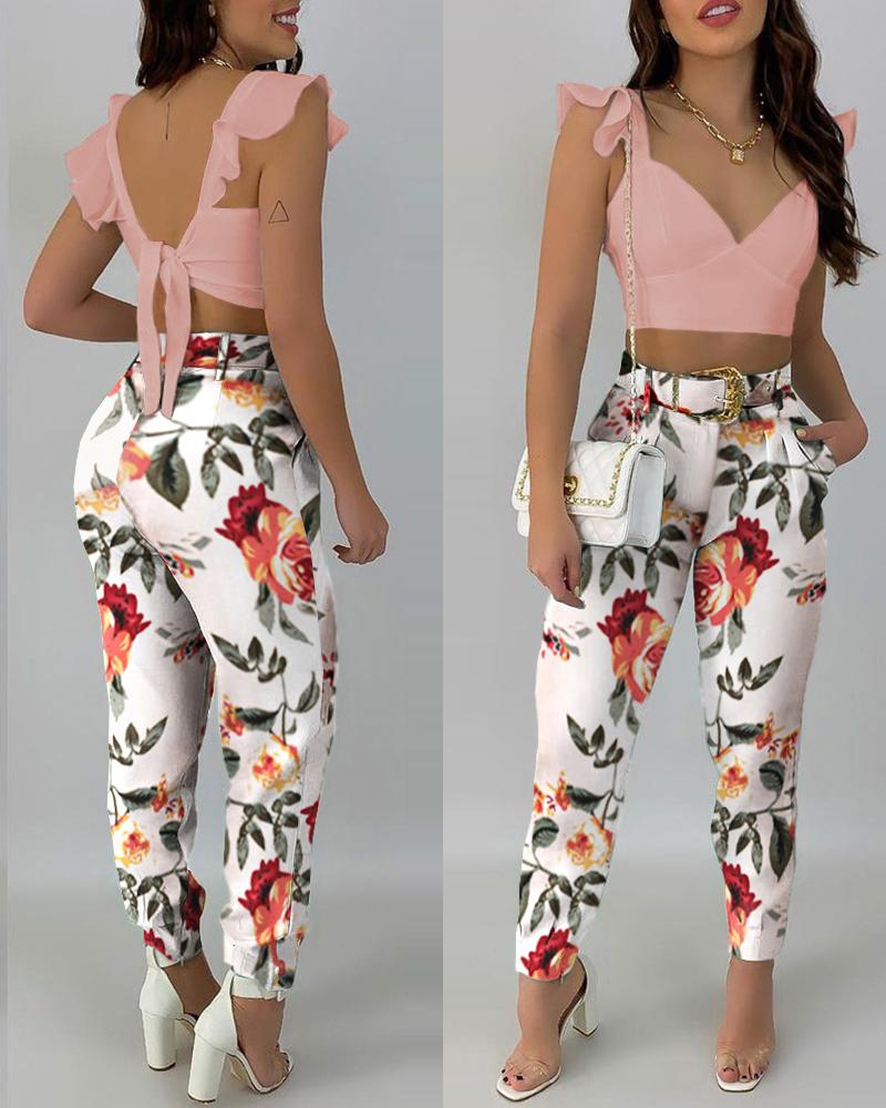 

Ruffles Sleeve Backless Crop Top & Floral Print Pants Set, Pink