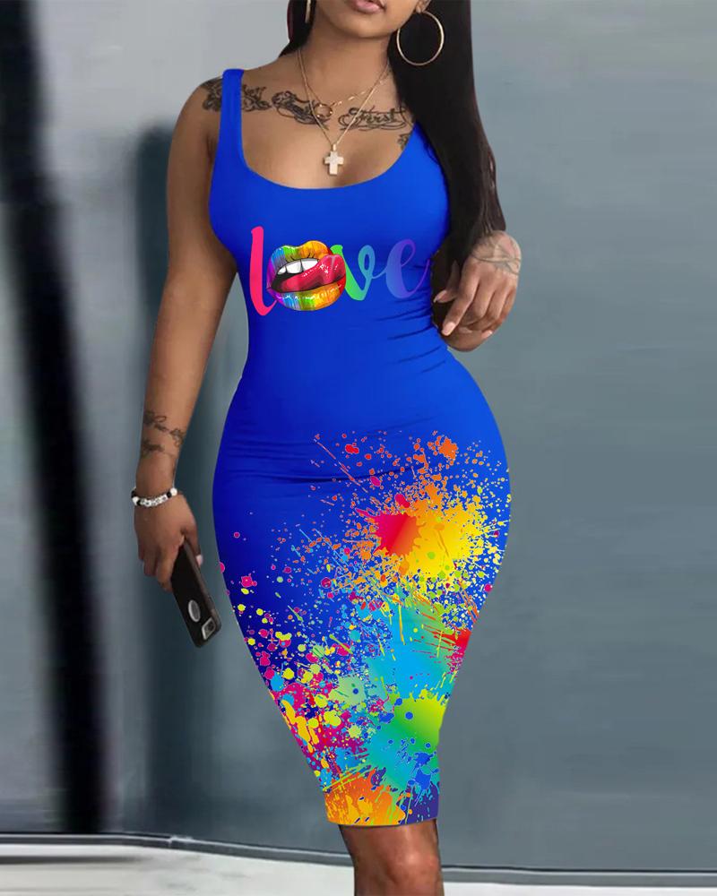 

Love Lip Ink Splash Print Sleeveless Bodycon Dress, Blue