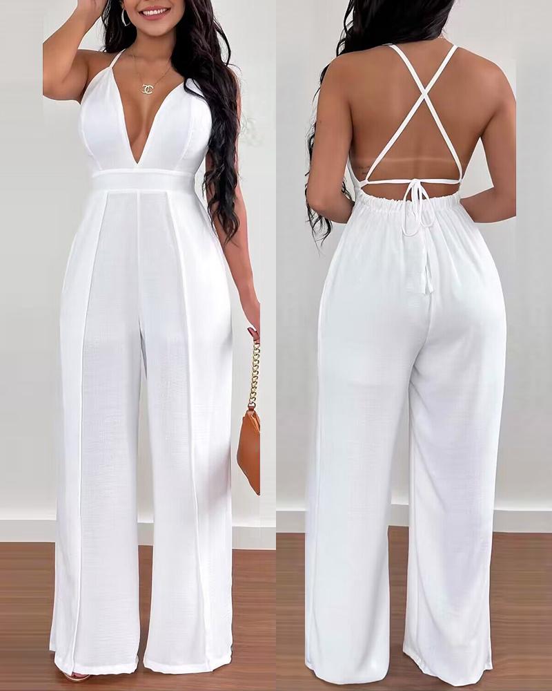 

Crisscross Backless Plunging Neck Jumpsuit, White