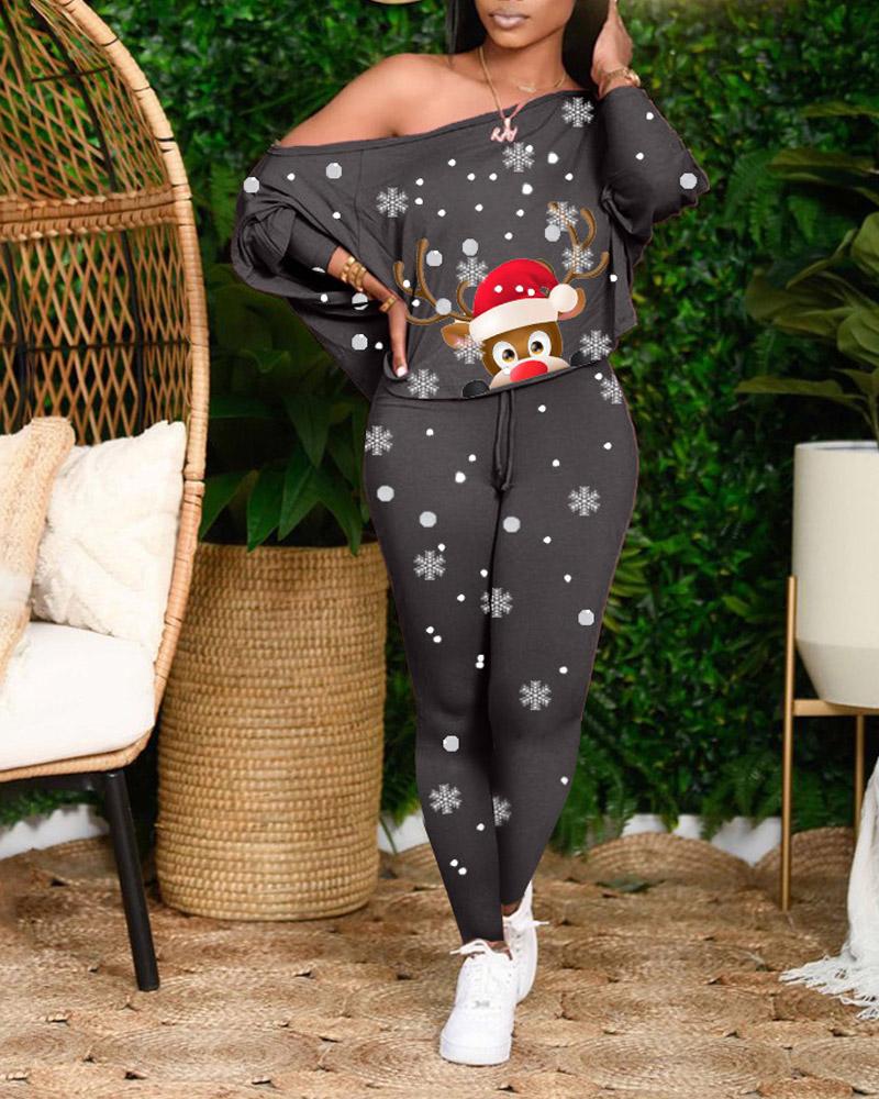 

Christmas Snowflake Elk Print Long Sleeve Top & Pants Set, Black