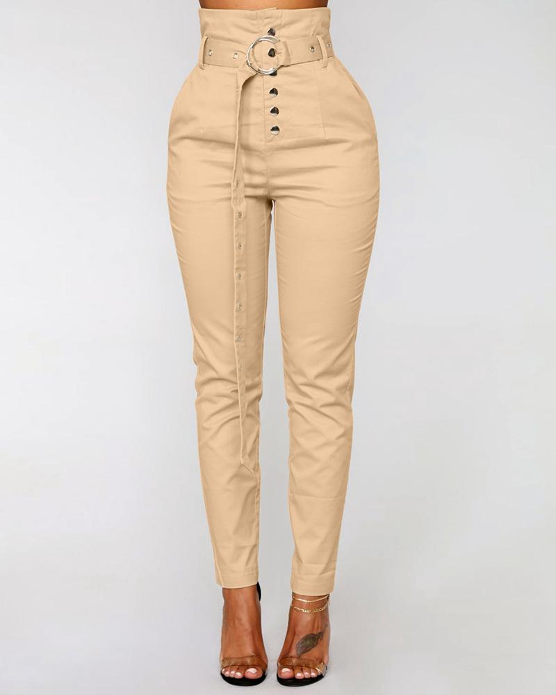 

Plain High Waist Button Design Pencil Pants, Khaki