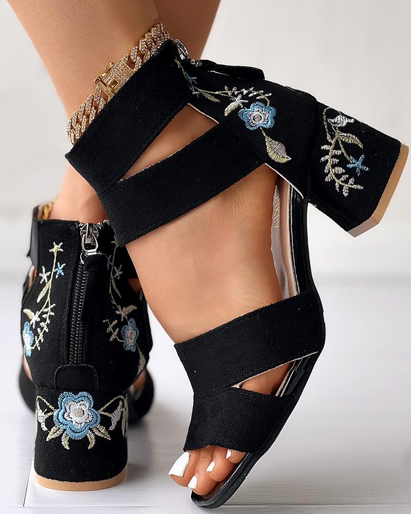 

Floral Embroidered Chunky Heeled Sandals, Blue