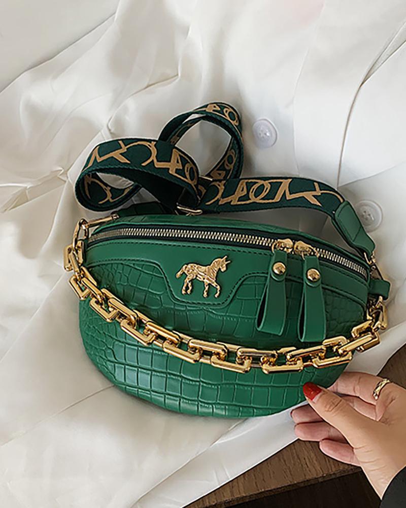 

PU Chain Decor Zip Front Fanny Pack, Green