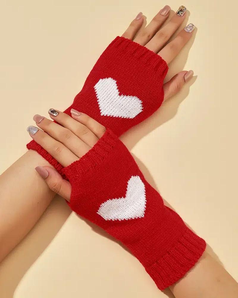 

1Pair Valentine's Day Heart Pattern Fingerless Gift Knit Winter Gloves, Red