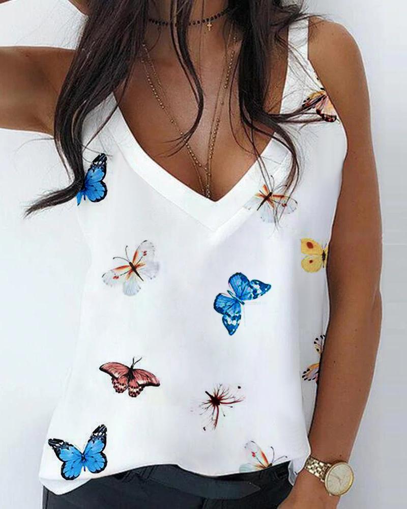 

Butterfly Print V-Neck Casual Tank Top, White