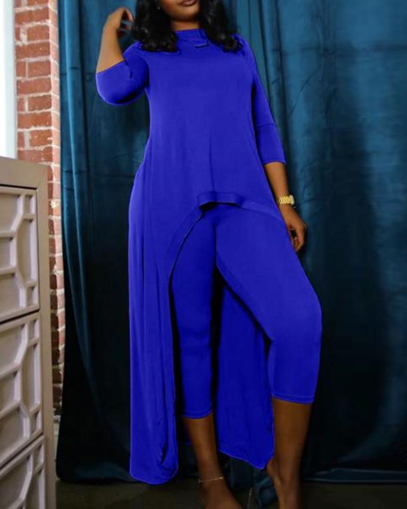 

Long Sleeve Dip Hem Top & Pants Set, Dark blue