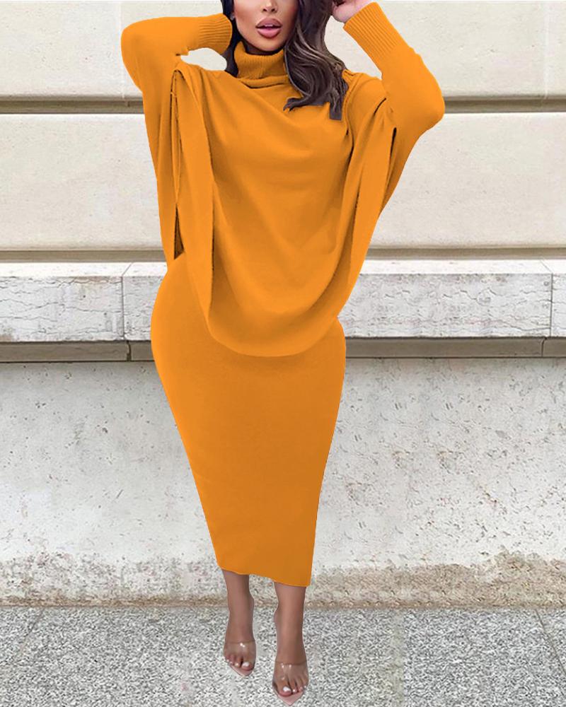 

Plus Size Ribbed Split Hem Batwing Sleeve Top & Skirt Set, Orange
