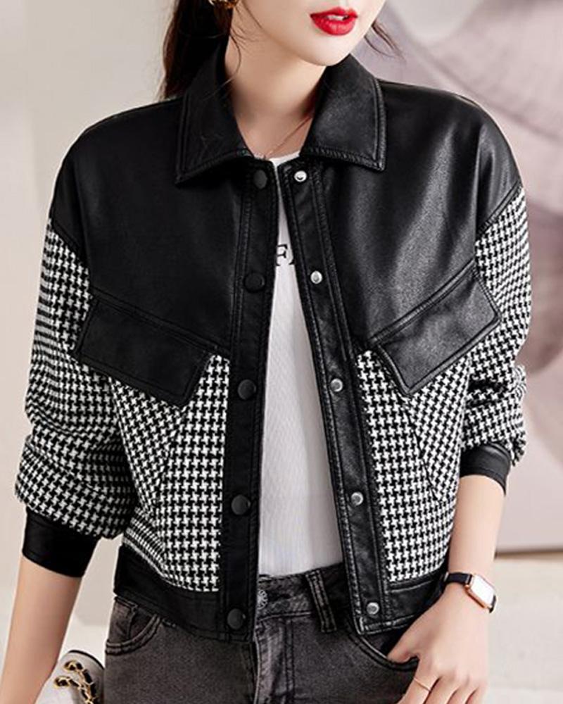 

Houndstooth Print Colorblock PU Leather Patch Jacket, Black