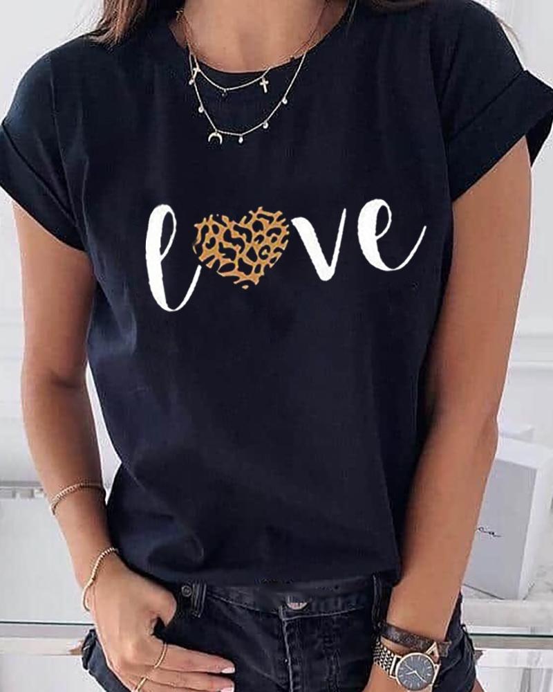 

Letter Cheetah Print Casual T-shirt, Black
