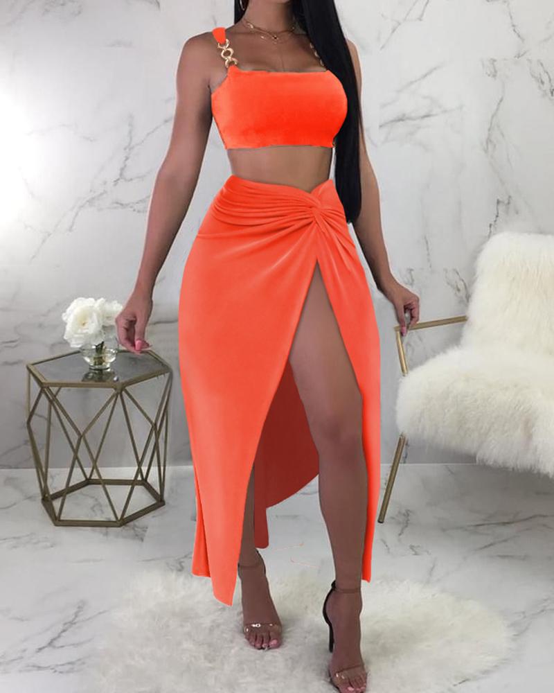 

Chain Strap Crop Top & High Slit Twisted Skirt Set, Orange