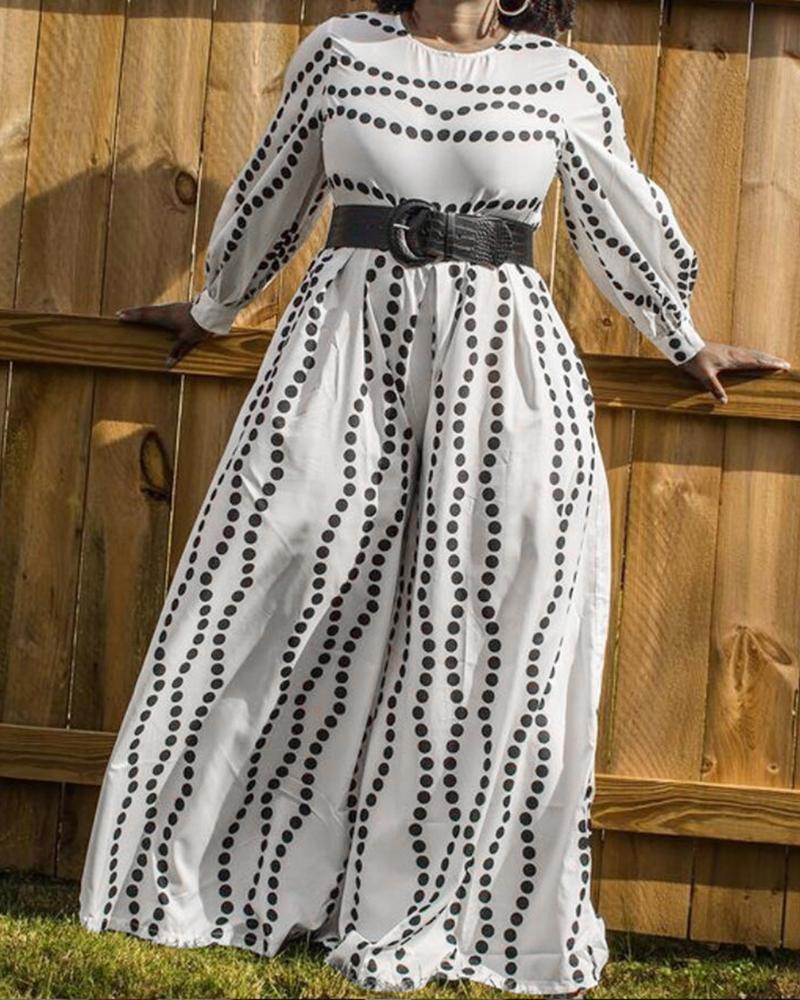 

Plus Size Polkadot Print Lantern Sleeve Maxi Dress, White