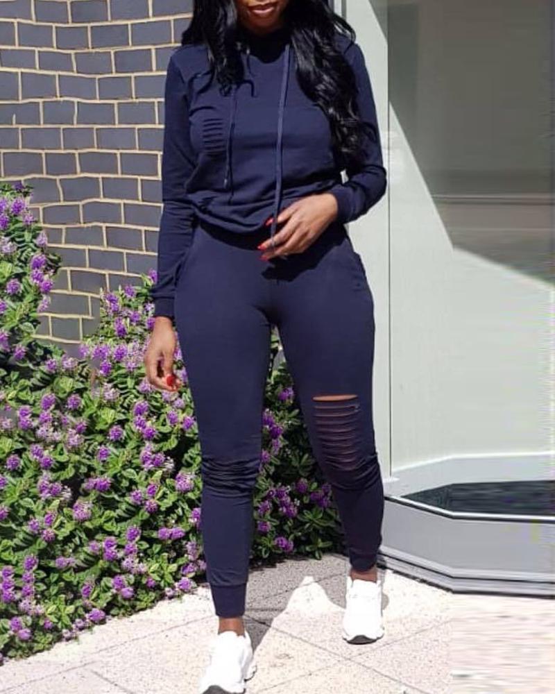

Solid Ladder Cut Out Hooded Oversized Tracksuits, Dark blue