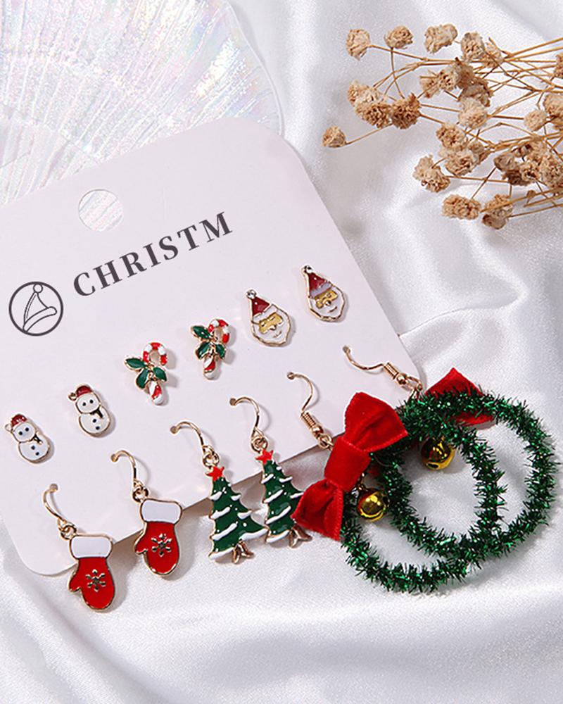 

6Pairs Christmas Tree Santa Snowman Candy Cane Gloves Drop Hoop Earrings Set, Green