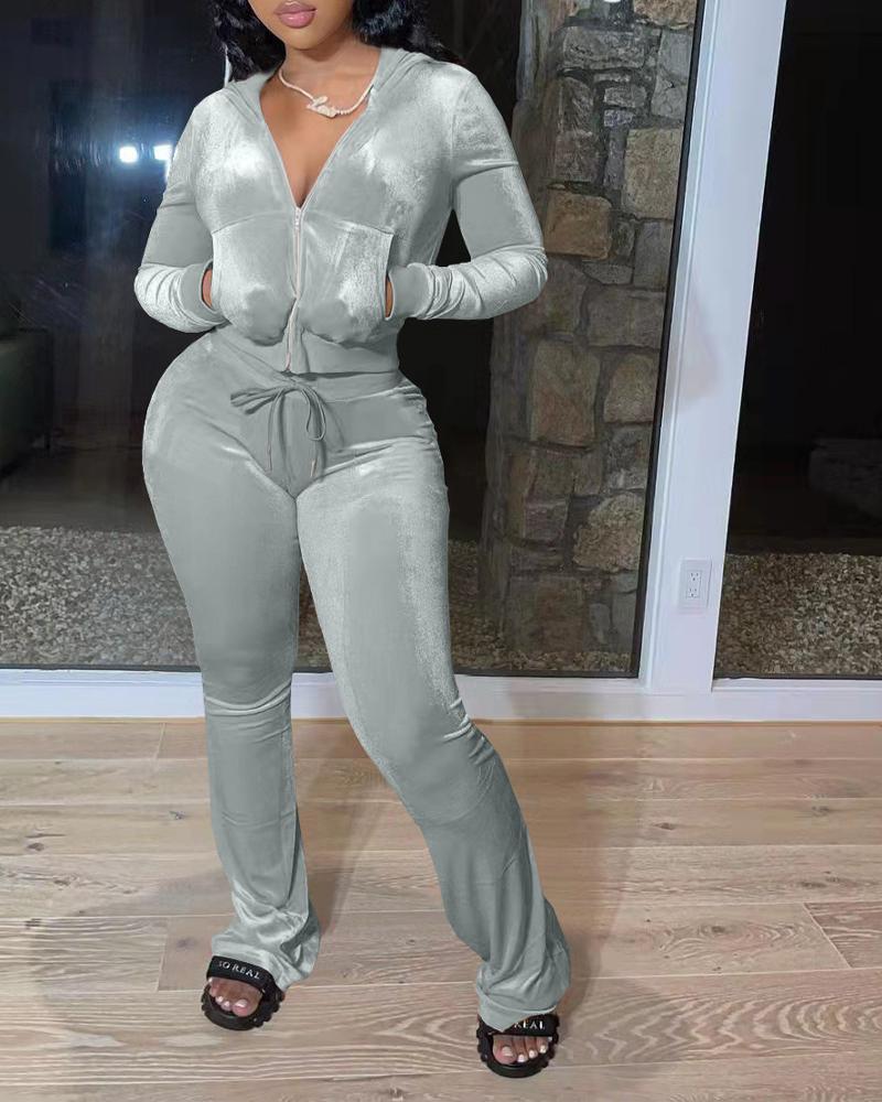 

Velvet Zip Up Hooded Top & Drawstring Bootcut Pants Set, Gray