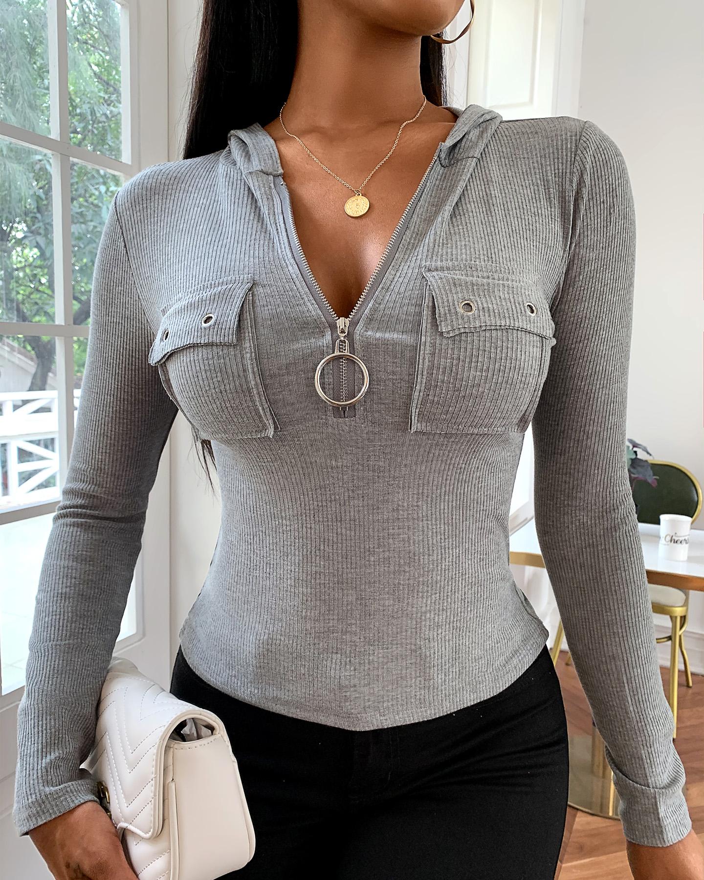

Zip Pocket Design Eyelet Hooded Top, Gray
