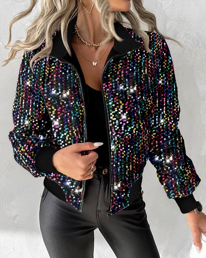 

Colorful Allover Sequin Zipper Design Puffer Jacket, Multicolor