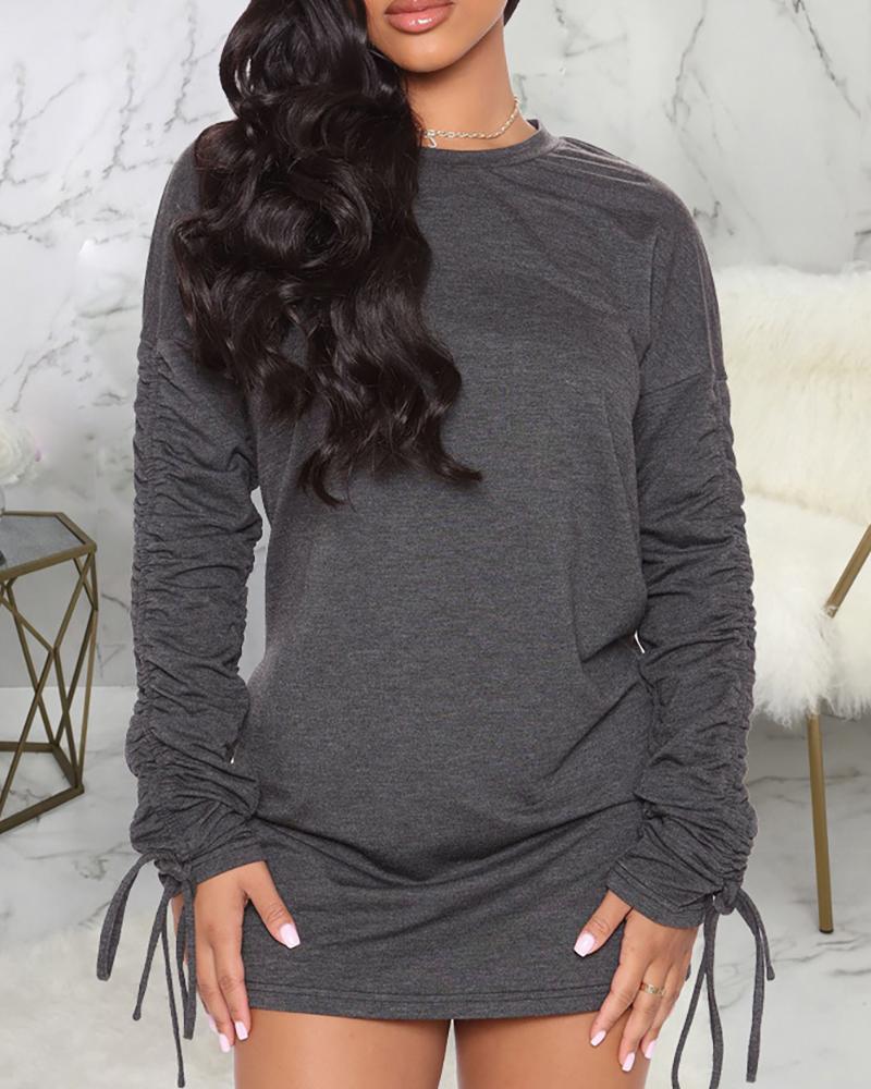 

Plain Drawstring Ruched Long Sleeve Dress, Gray