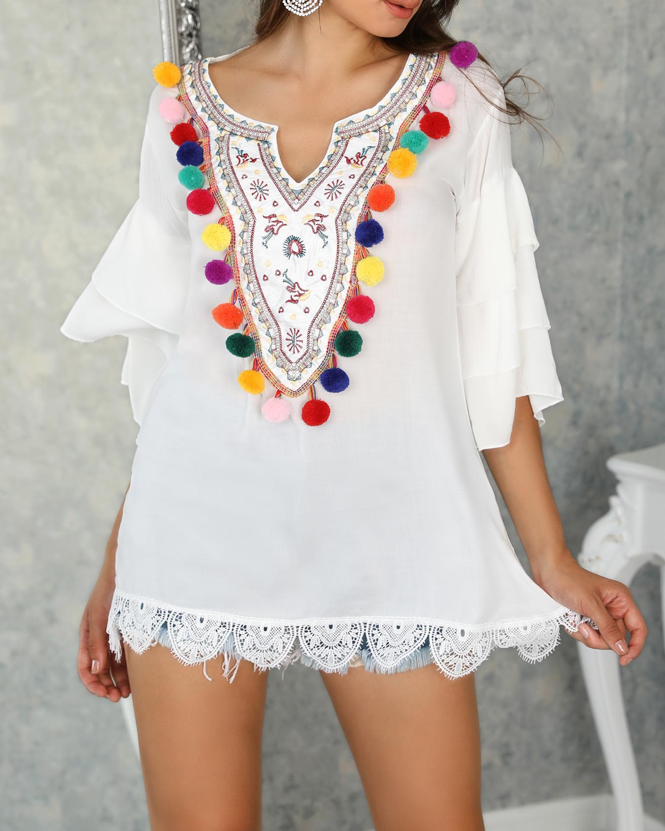 

Tribal Embroidery Colorful Pom Pom Lace Trim Casual Dress, White