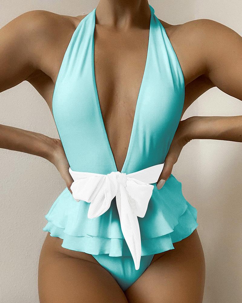 

Plunge Bowknot Decor Sleeveless Ruffles One Piece Swimsuit, Green