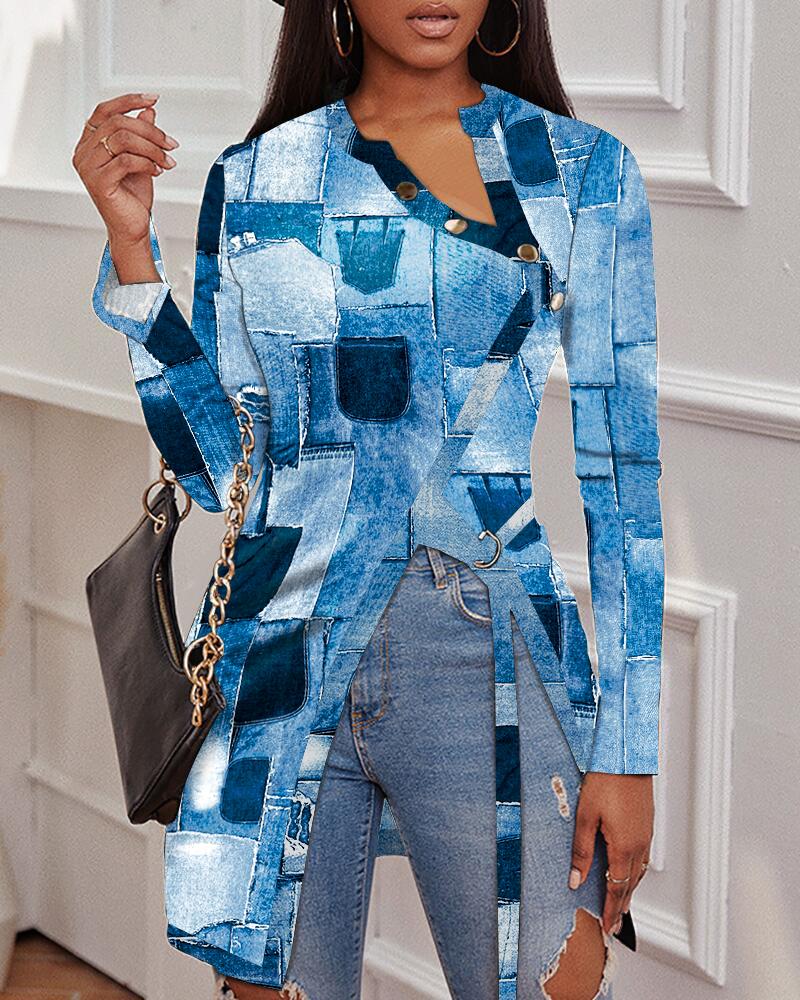 

Denim Look Print Long Sleeve High Slit Top, Blue