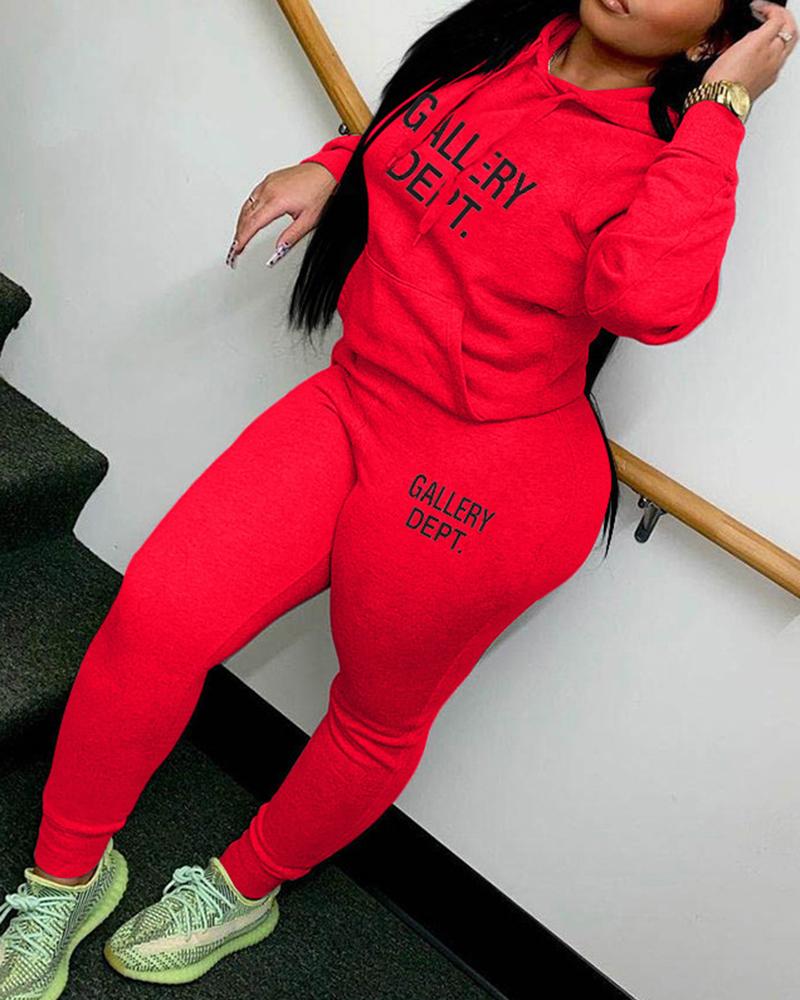 

Letter Print Hoodie & High Waist Pants Set, Red