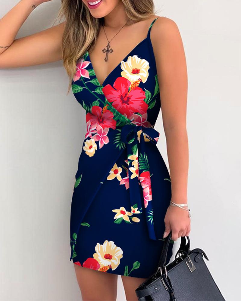 

Floral Print V-Neck Wrap Tie Side Cami Dress, Purplish blue