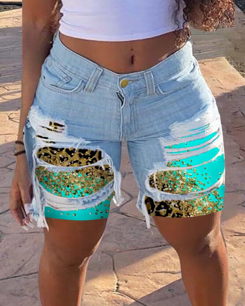 Contrast Leopard Print Patchwork Raw Hem Denim Shorts