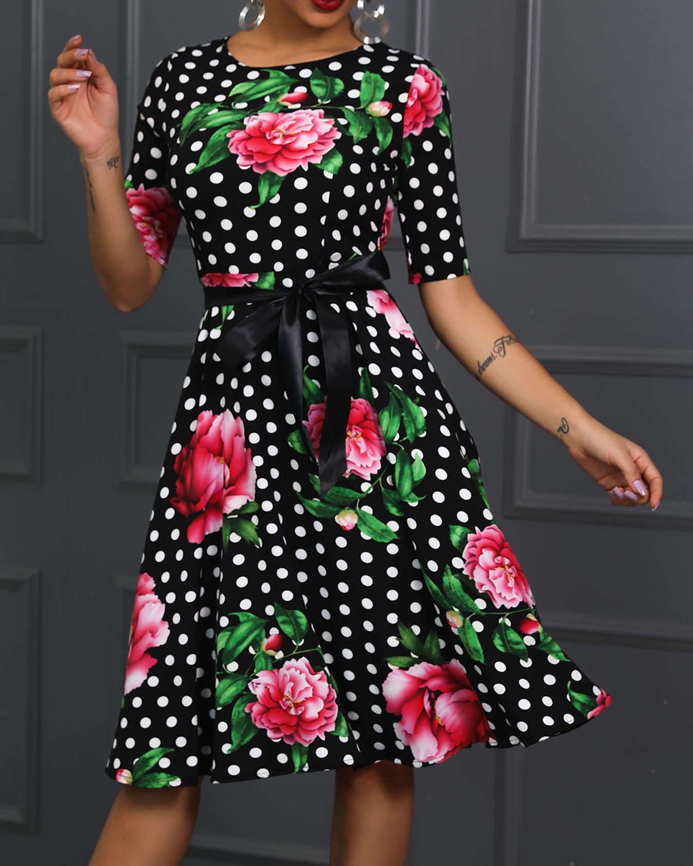

Dot Floral Print Belted Midi Dress, Black