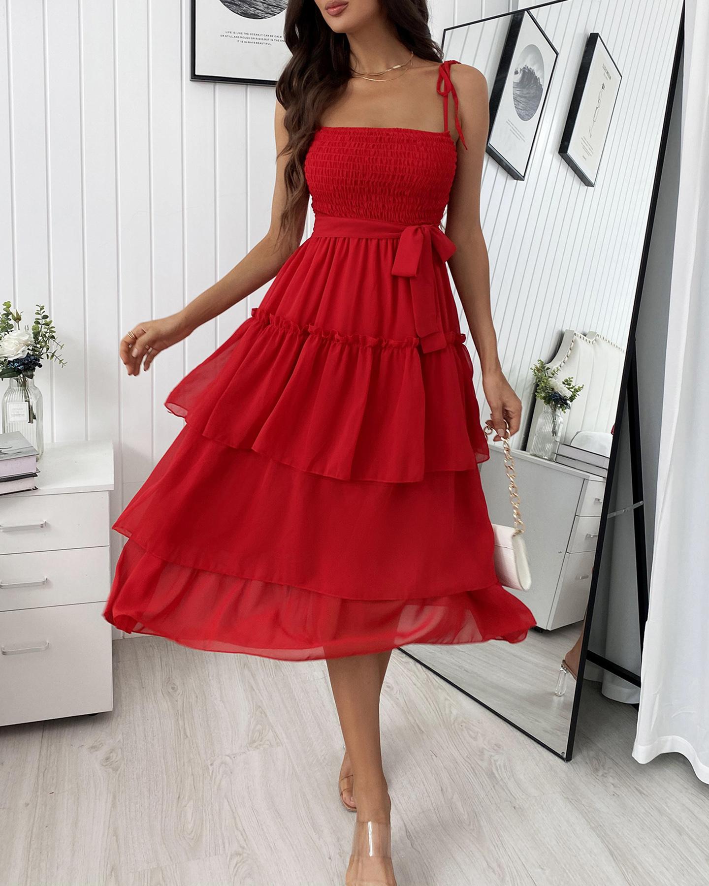 

Tied Detail Shirring Layered Ruffles Dress, Red