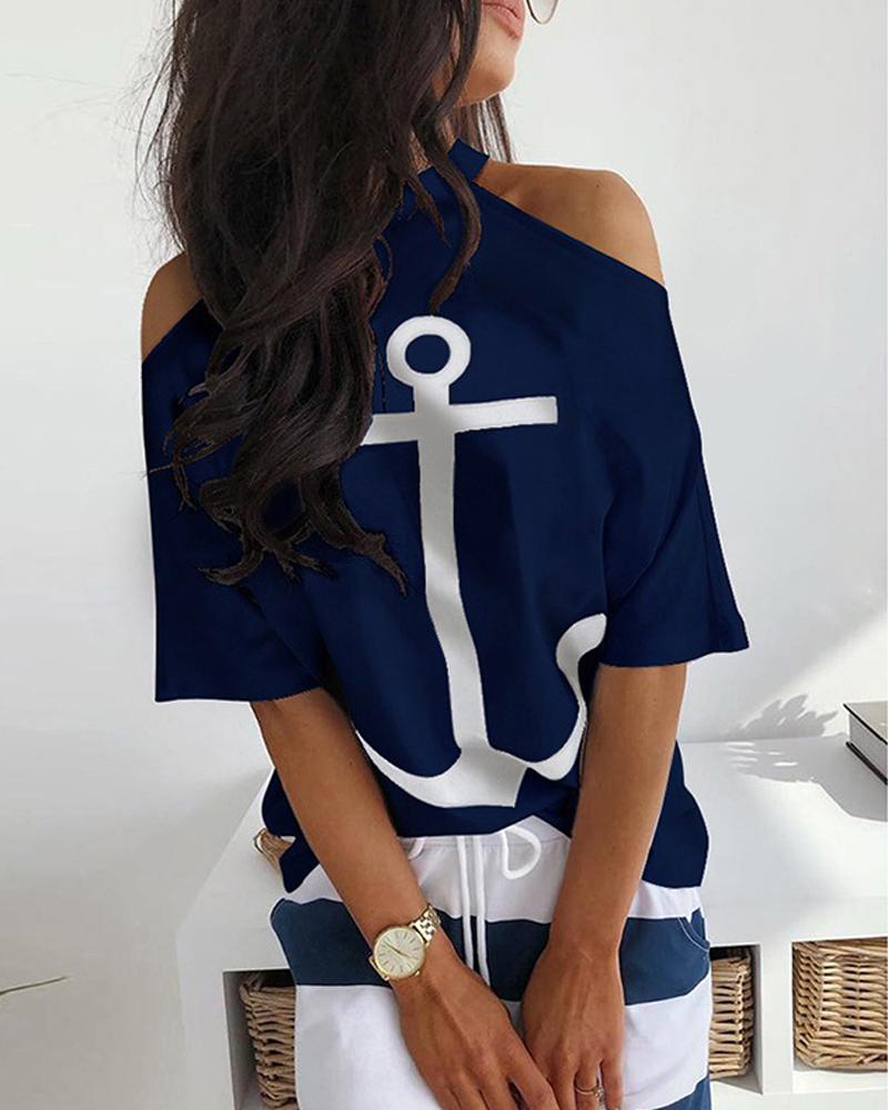 

Anchor Print Cold Shoulder T-shirt, Blue