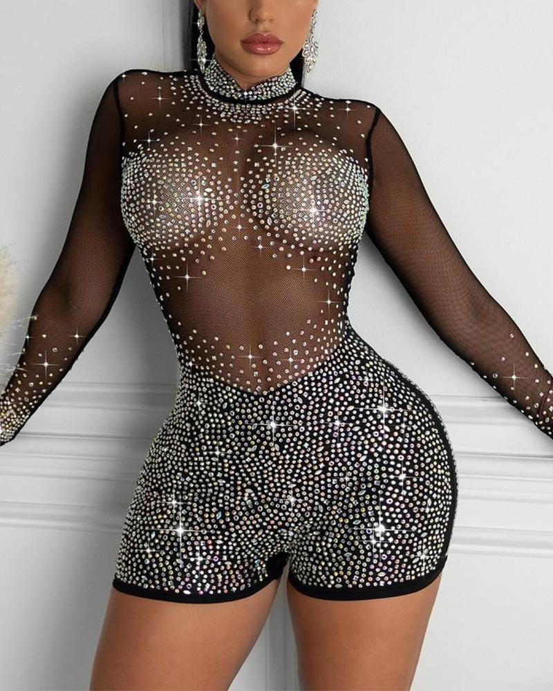 

Studded Contrast Mesh Long Sleeve Romper, Black