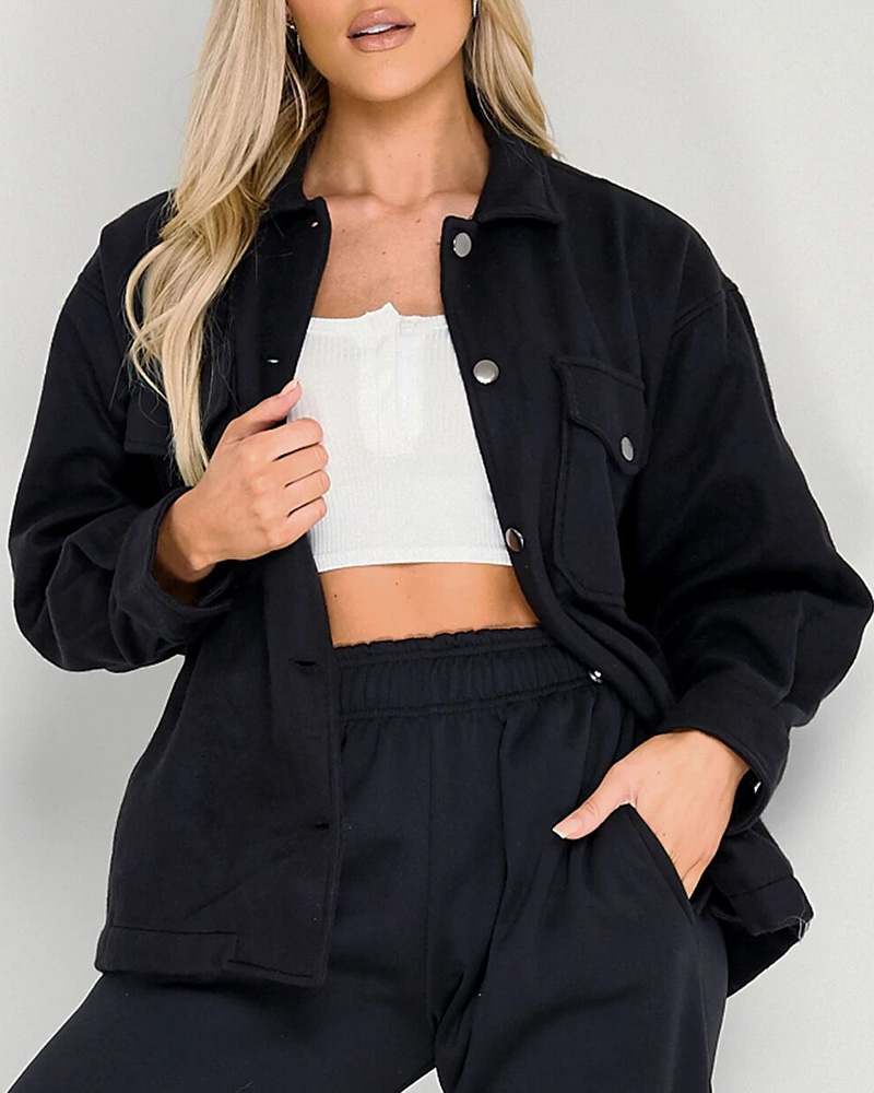 

Long Sleeve Buttoned Pocket Design Shacket, Black