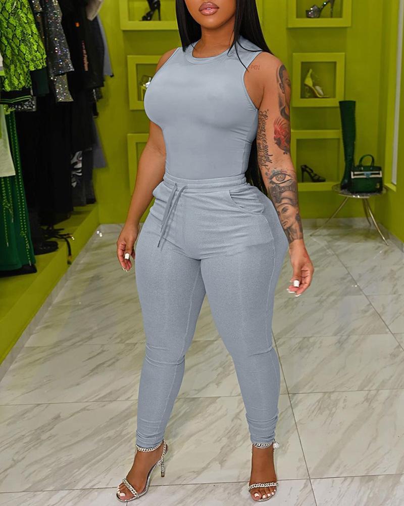

Basic Tank Top & Drawstring Skinny Pants Set, Gray