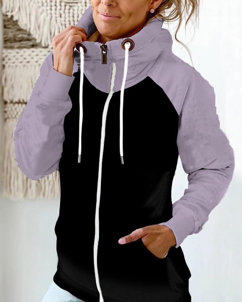 

Colorblock Zipper Pocket Design Lined Coat, Purple
