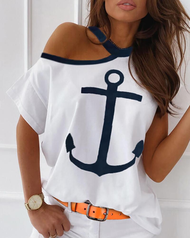 

Cold Shoulder Boat Anchor Print Casual T-shirt, White