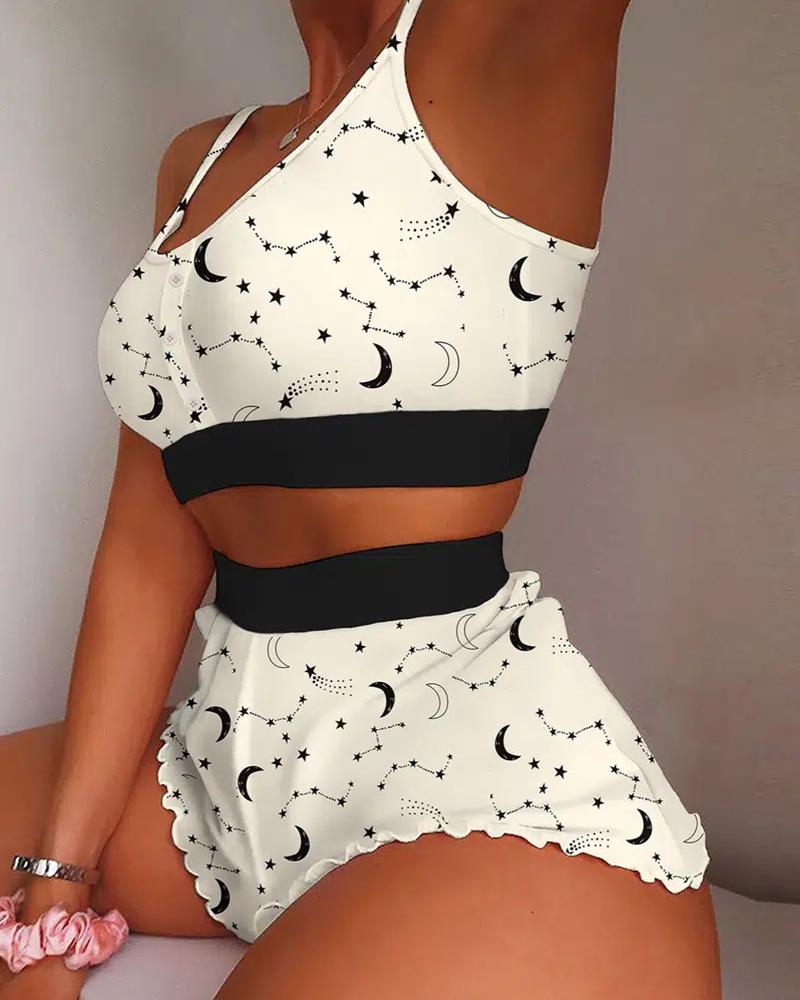 

Star Moon Print Lettuce Trim Cami Set, Apricot