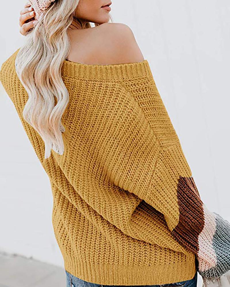 

V Neck Long Striped Sleeve Casual Sweater, Orange