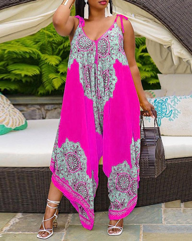 

Plus Size Graphic Print Tied Detail Jumpsuit, Hot pink