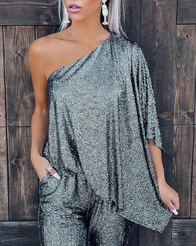 

Metallic One Shoulder Asymmetrical Top, Silver