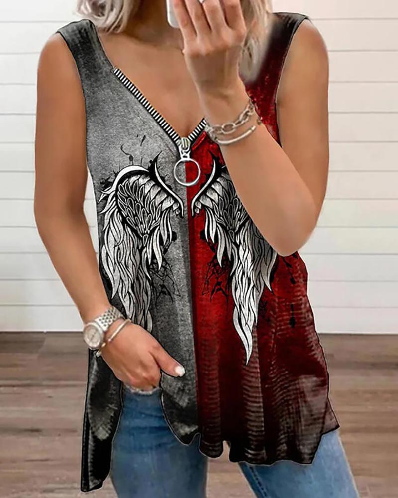 

Wings Print Colorblock Zipper Design Tank Top, Red