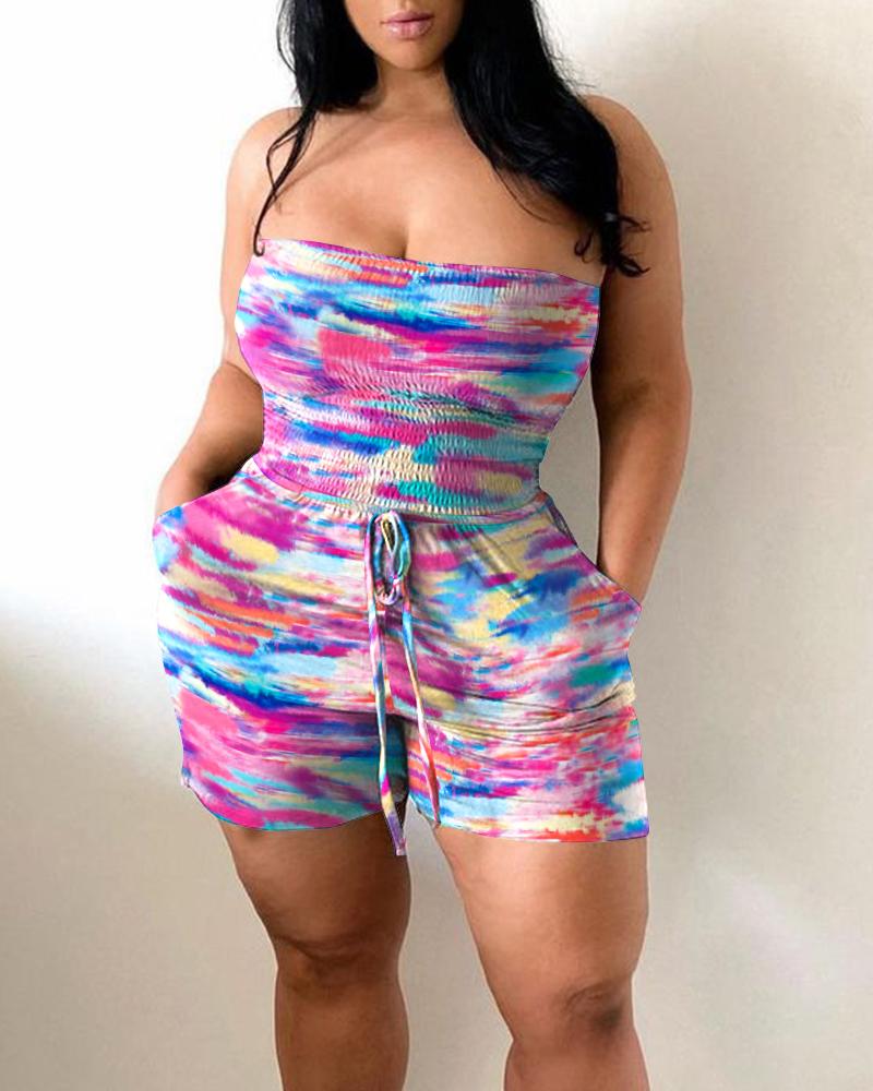 

Bandeau Tie Dye Print Pocket Design Skinny Romper, Multicolor
