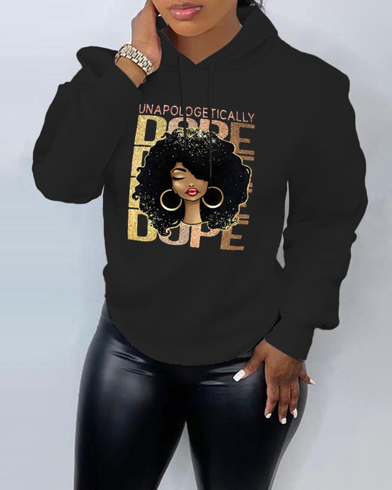 

Plus Size Letter Figure Print Drawstring Hoodie, Black
