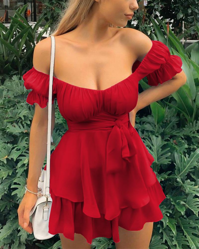 

Layered Ruffles Off Shoulder Ruched Mini Dress, Red