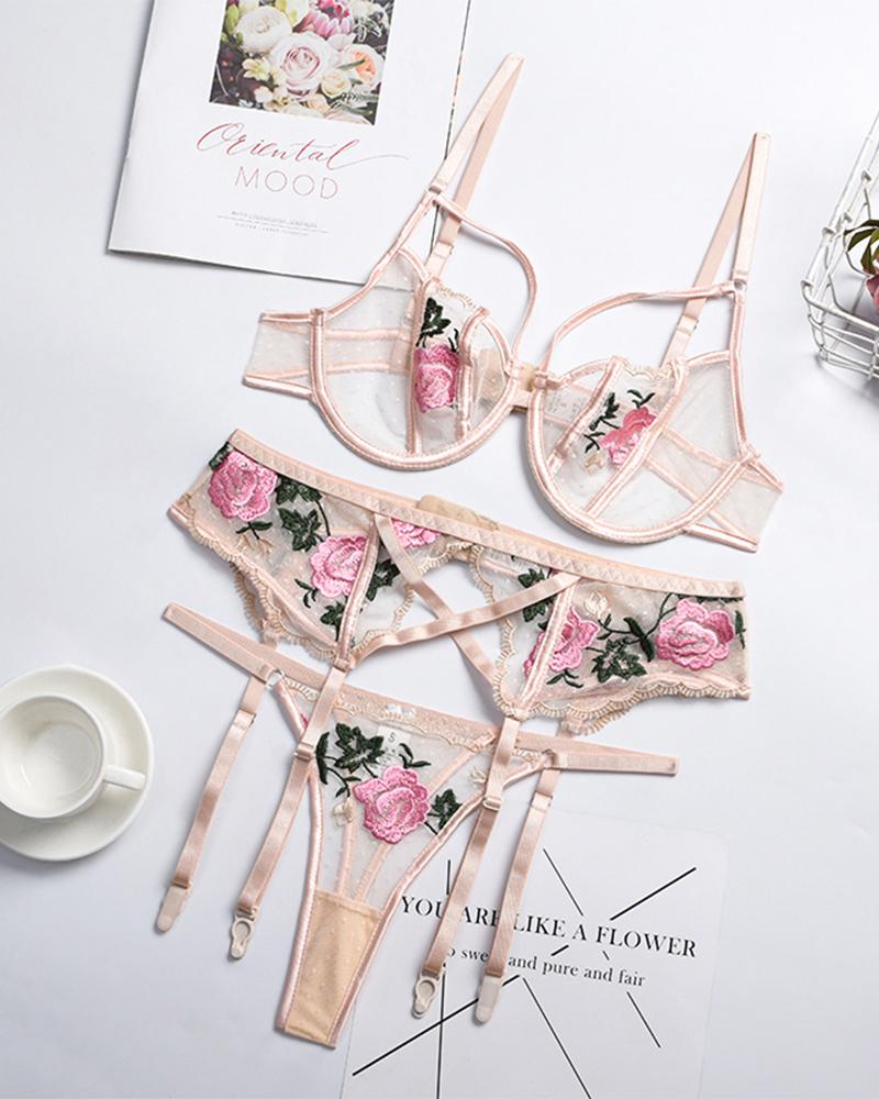 

Sexy See-through Mesh Splicing Rose Embroidery Sling Bra Sets With Garter, Nude