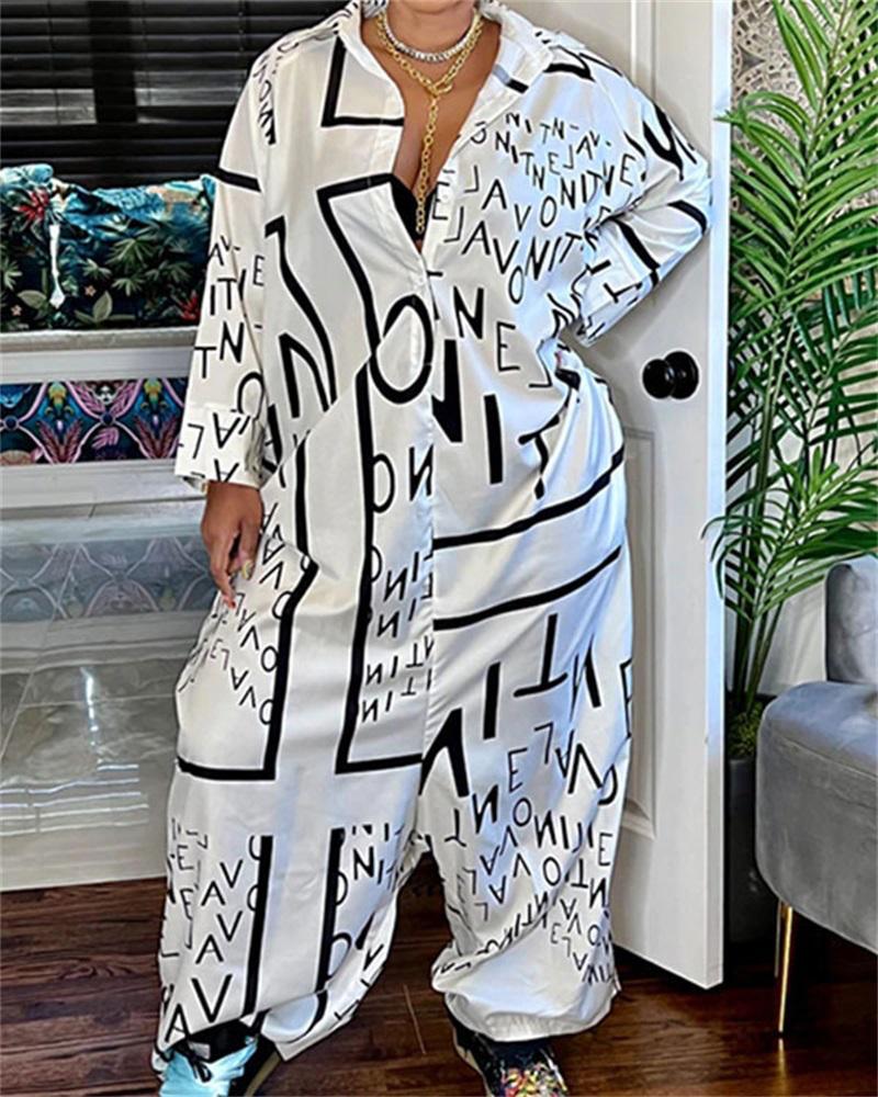 

Plus Size Letter Print Button Front Long Sleeve Jumpsuit, Blackwhite