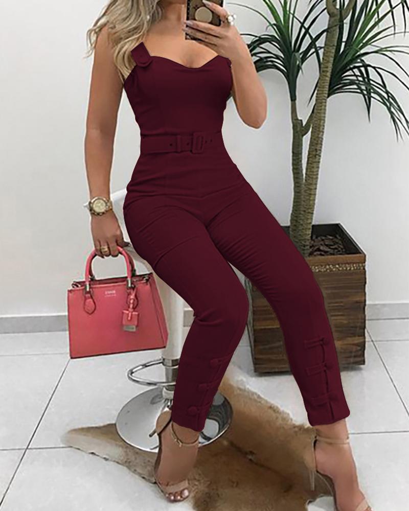 

Thin Strap Button Design Jumpsuit, Wine red
