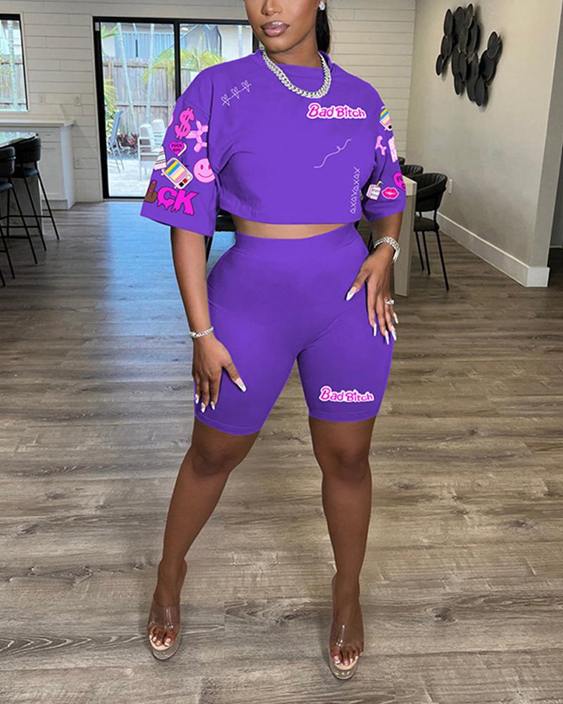 

Cartoon Graphic Letter Pattern Top & Shorts Set, Purple
