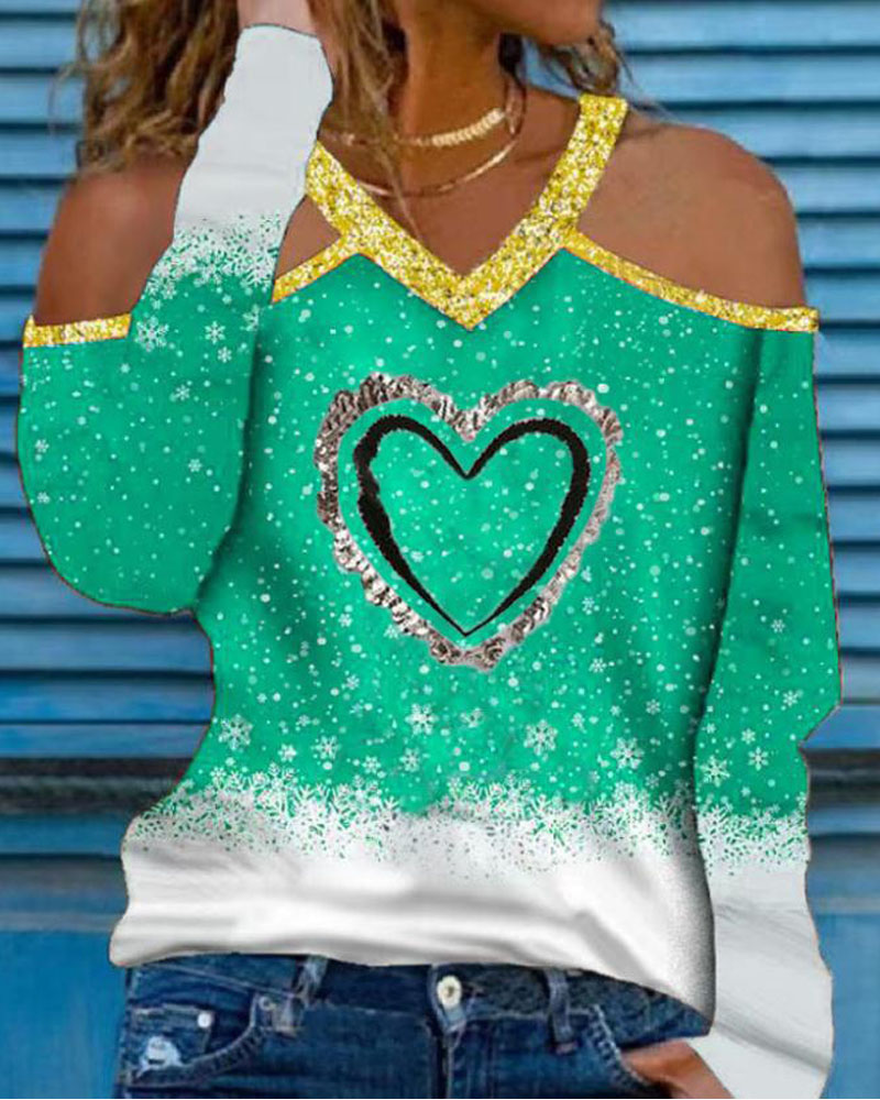 

Christmas Print Sequin Heart Cold Shoulder Top, Green