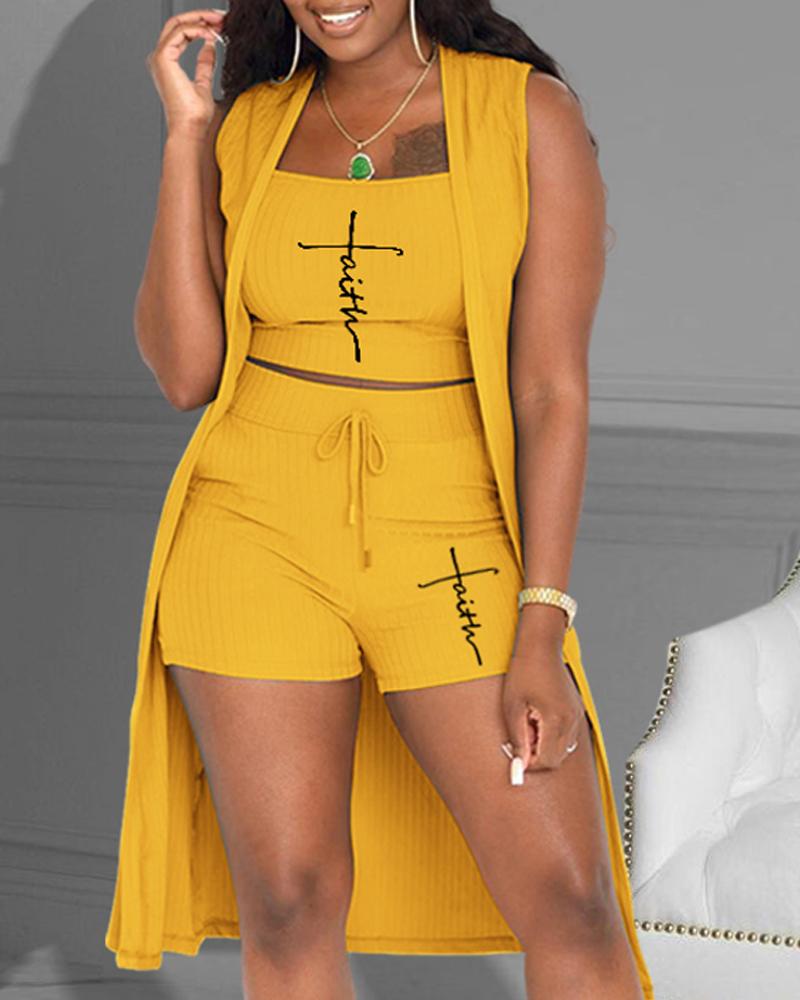 

3PCS Faith Print Ribbed Crop Top & Shorts Set With Vest Coat, Yellow